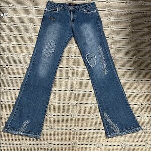 Blue Flare Wide Leg Jeans with Frayed Hem